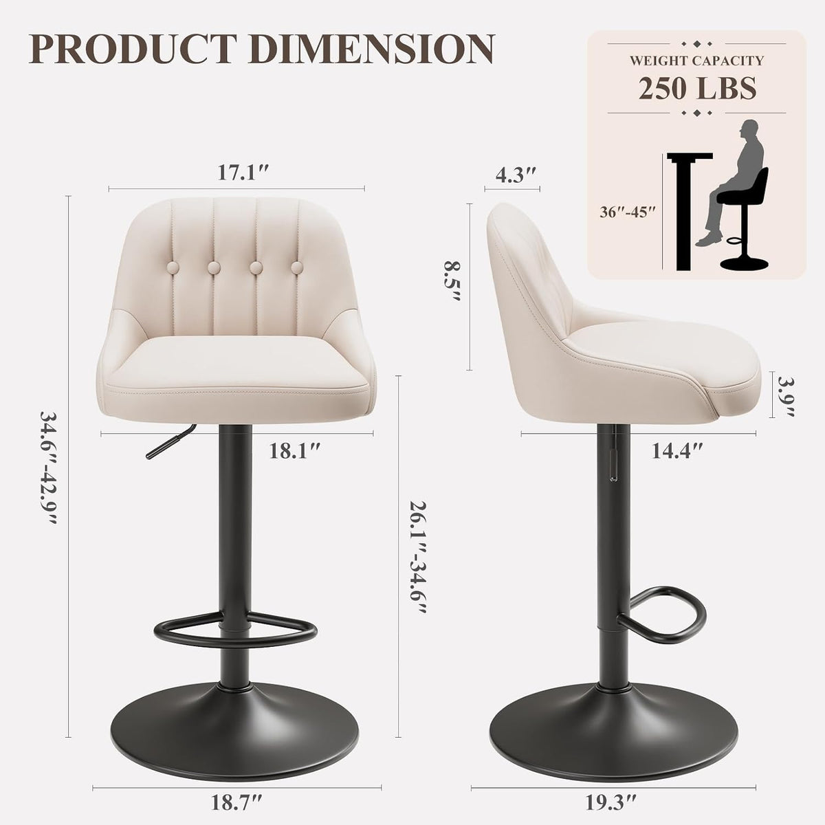 2‑Pack Beige Swivel Adjustable Bar Stools