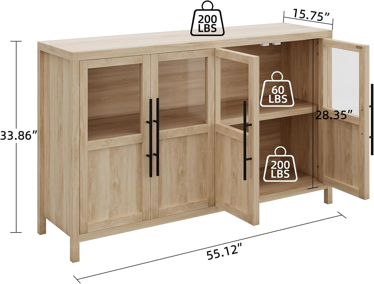 4‑Glass‑Door Natural Sideboard Cabinet