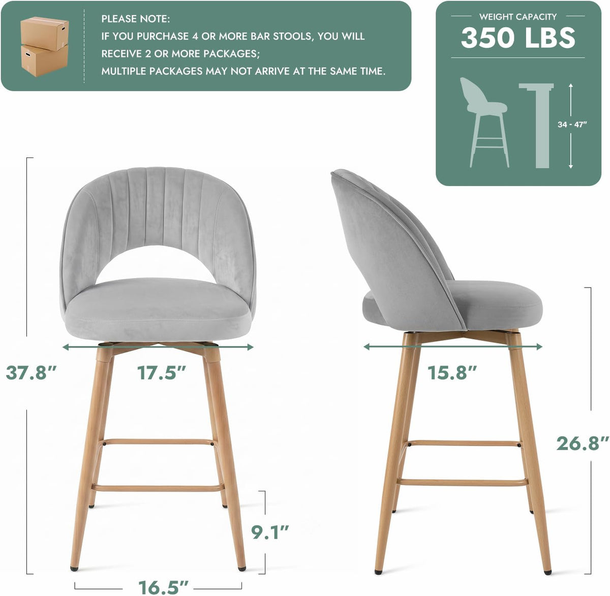 3‑Pack Gray Velvet Swivel Counter Bar Stools
