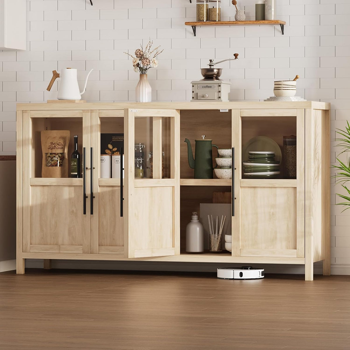 4‑Glass‑Door Natural Sideboard Cabinet
