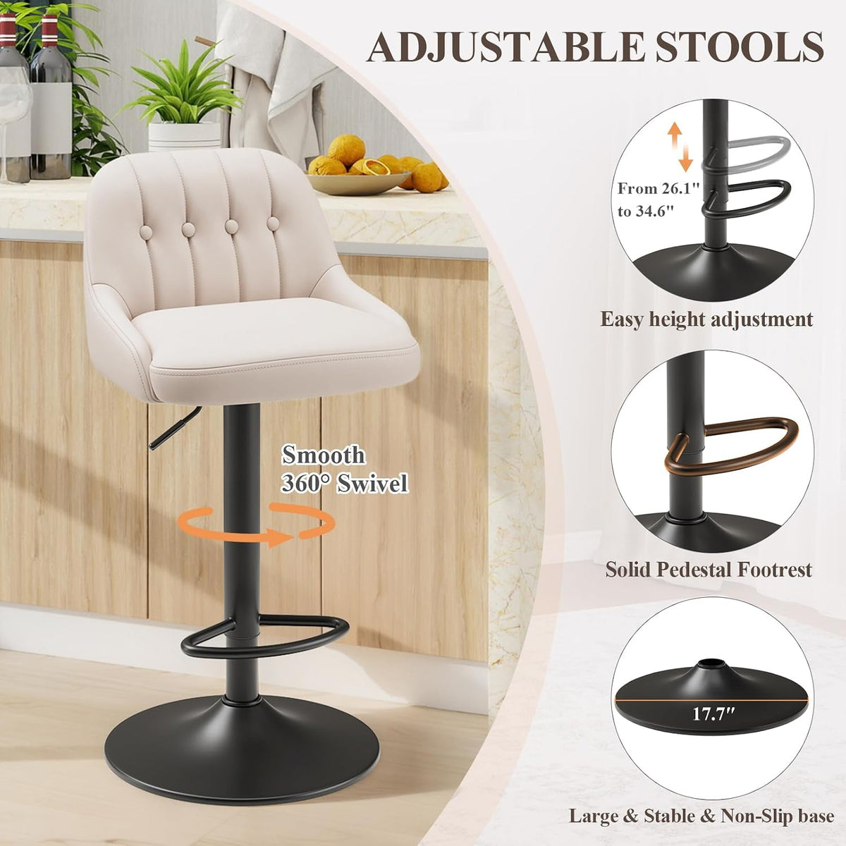 2‑Pack Beige Swivel Adjustable Bar Stools