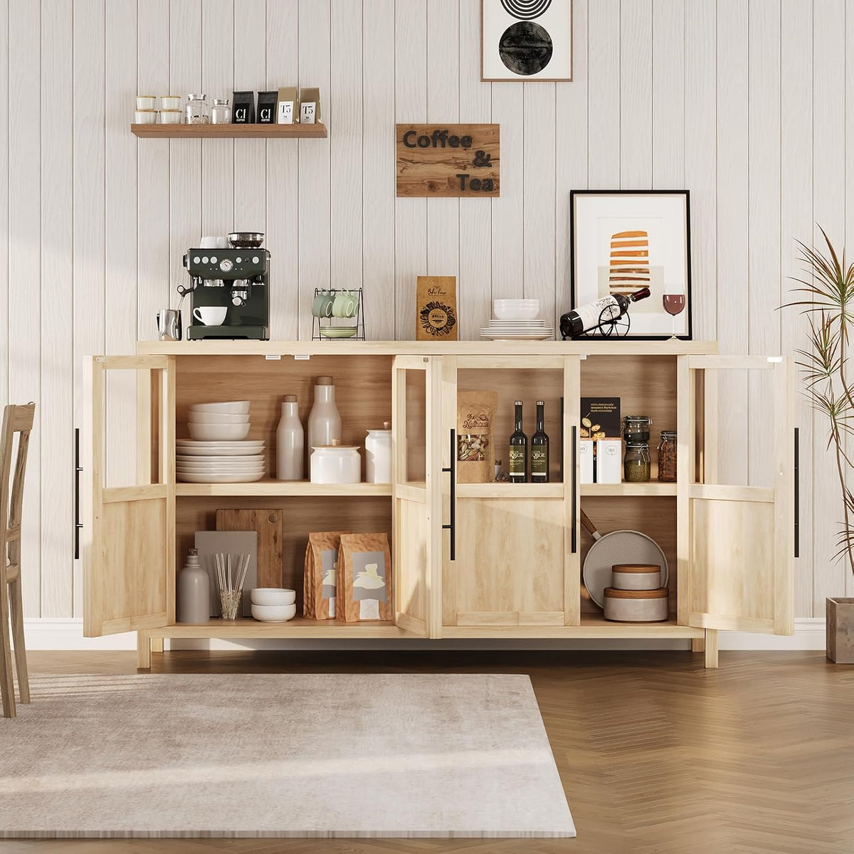 4‑Glass‑Door Natural Sideboard Cabinet