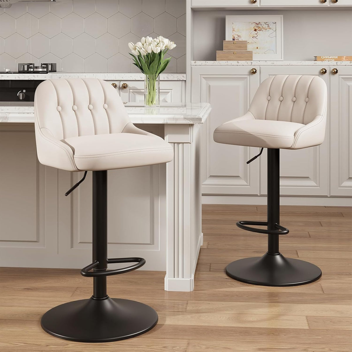 2‑Pack Beige Swivel Adjustable Bar Stools