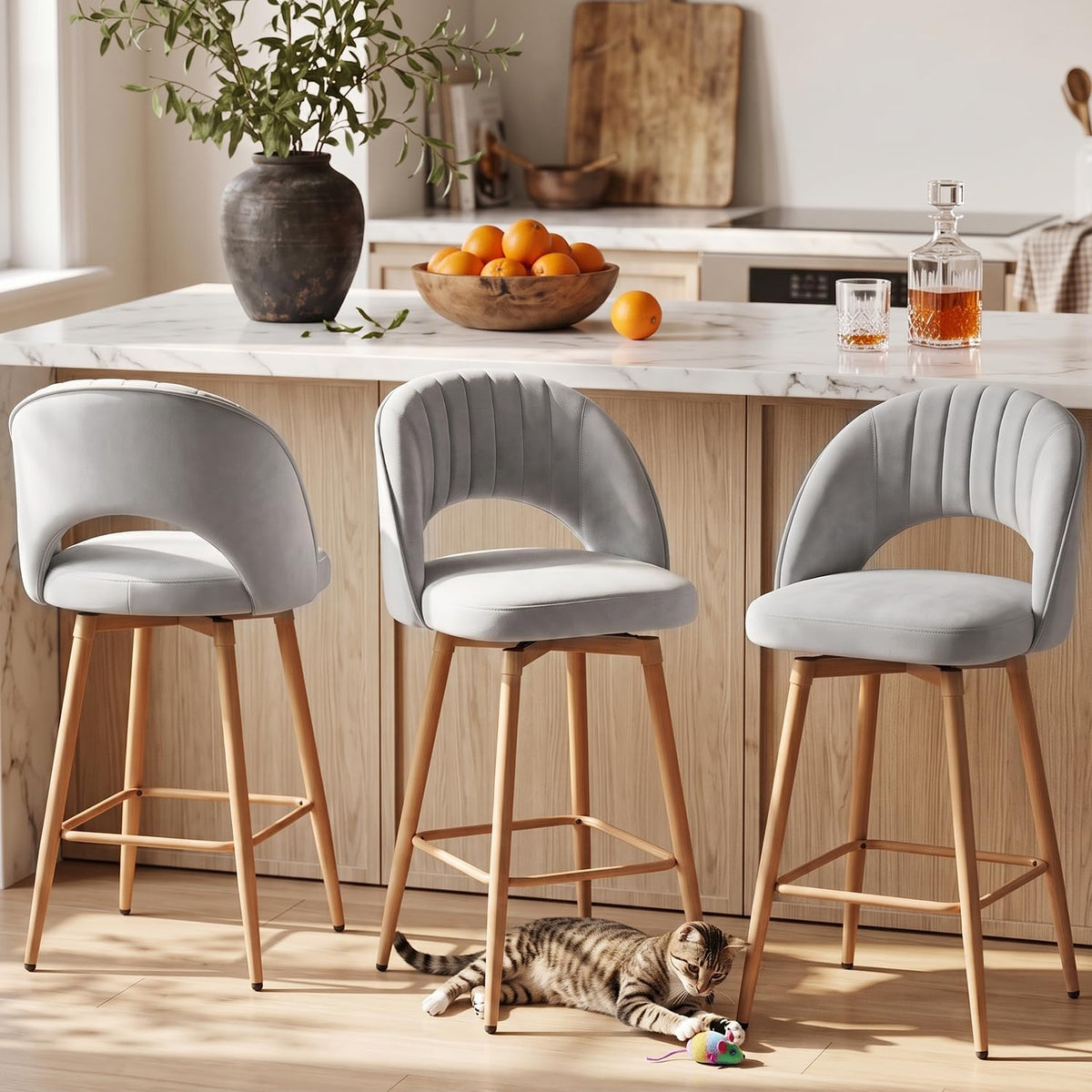 3‑Pack Gray Velvet Swivel Counter Bar Stools