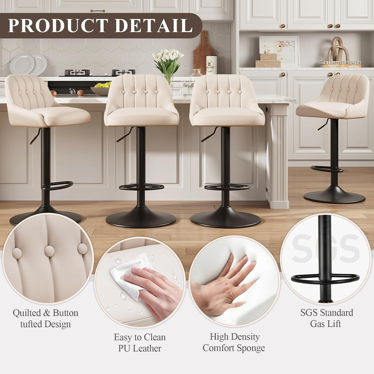 2‑Pack Beige Swivel Adjustable Bar Stools