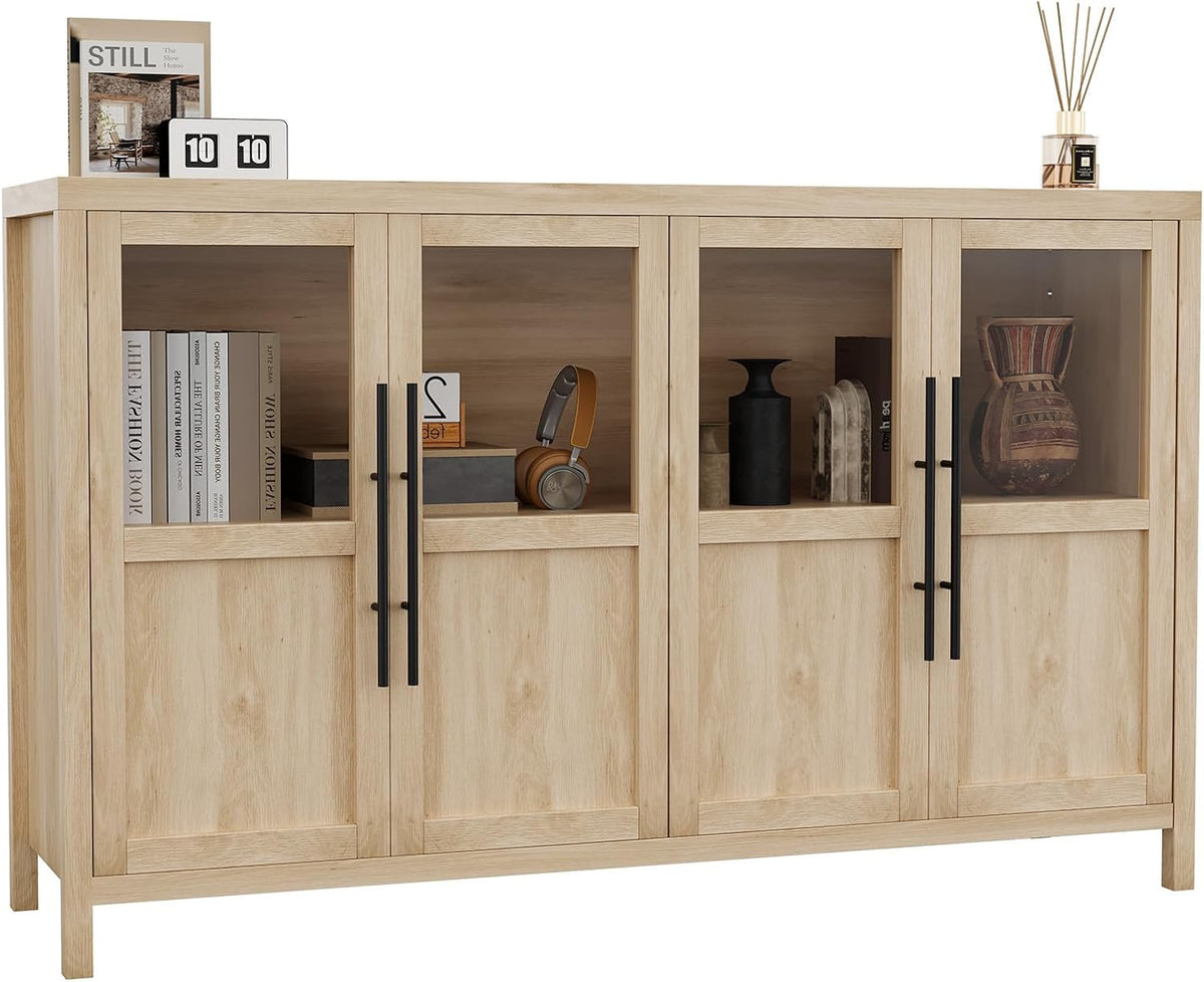 4‑Glass‑Door Natural Sideboard Cabinet