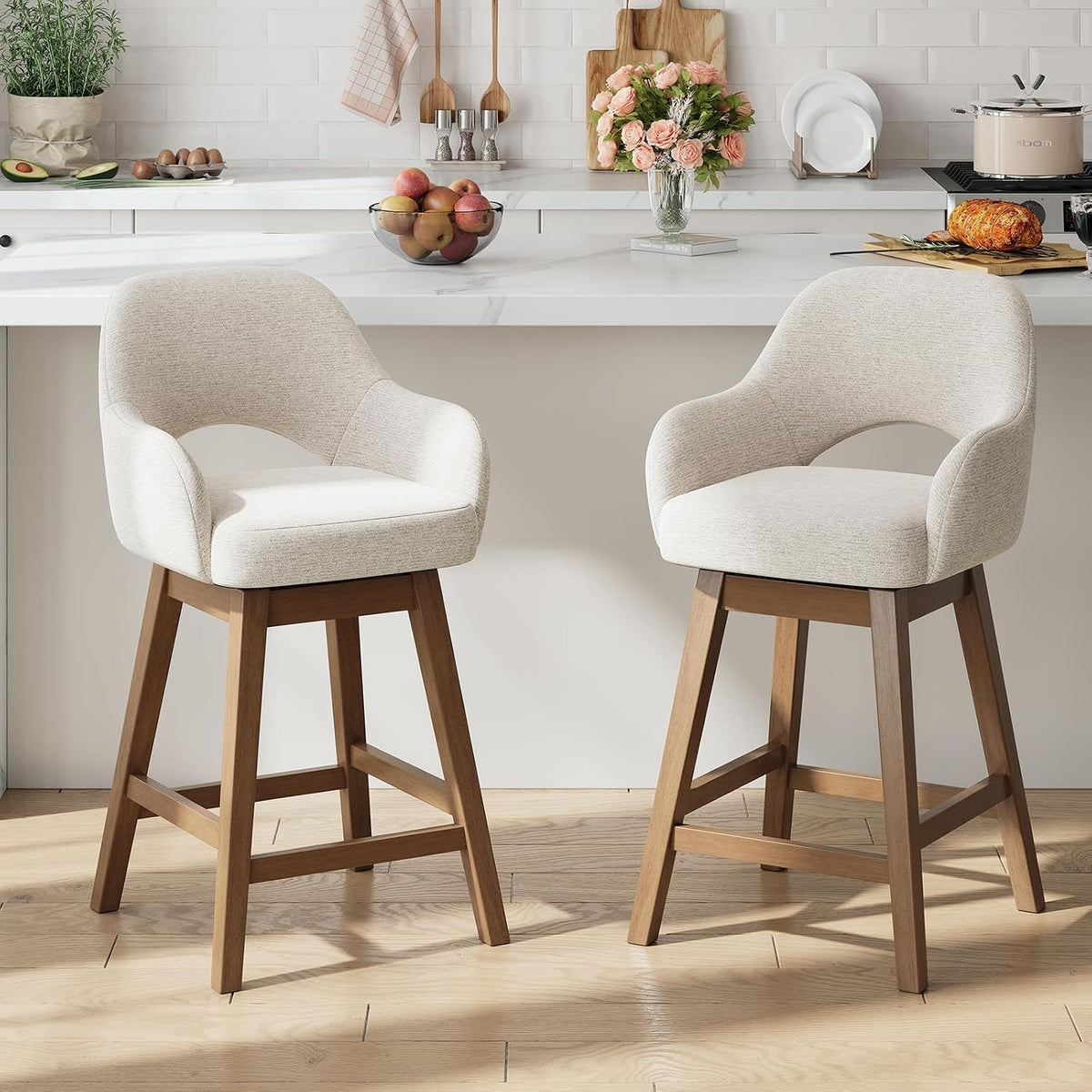 2‑Pack Cream Fabric Swivel Bar Stools